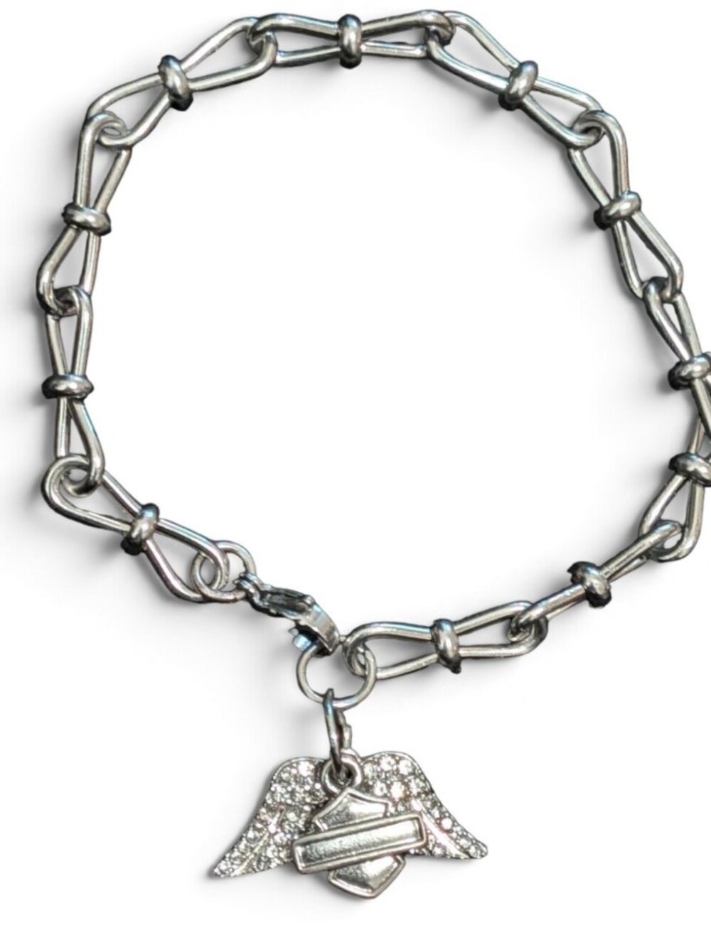 Harley Davidson Bar & Shield + Rhinestone Wings Charm Bracelet 7.5"
